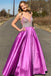 A-line Satin Beaded Long Evening Dress, Spaghetti Straps Purple Prom Dresses DMP136