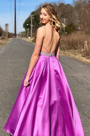 A-line Satin Beaded Long Evening Dress, Spaghetti Straps Purple Prom Dresses DMP136