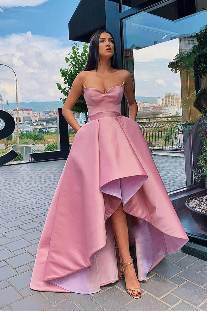 A Line Satin High Low Long Prom Dresses With Pockets Simple Evening Dresses DMP181