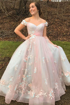 Chic Off the Shoulder Floral Appliques Long Prom Dresses Formal Evening Dresses DMP040