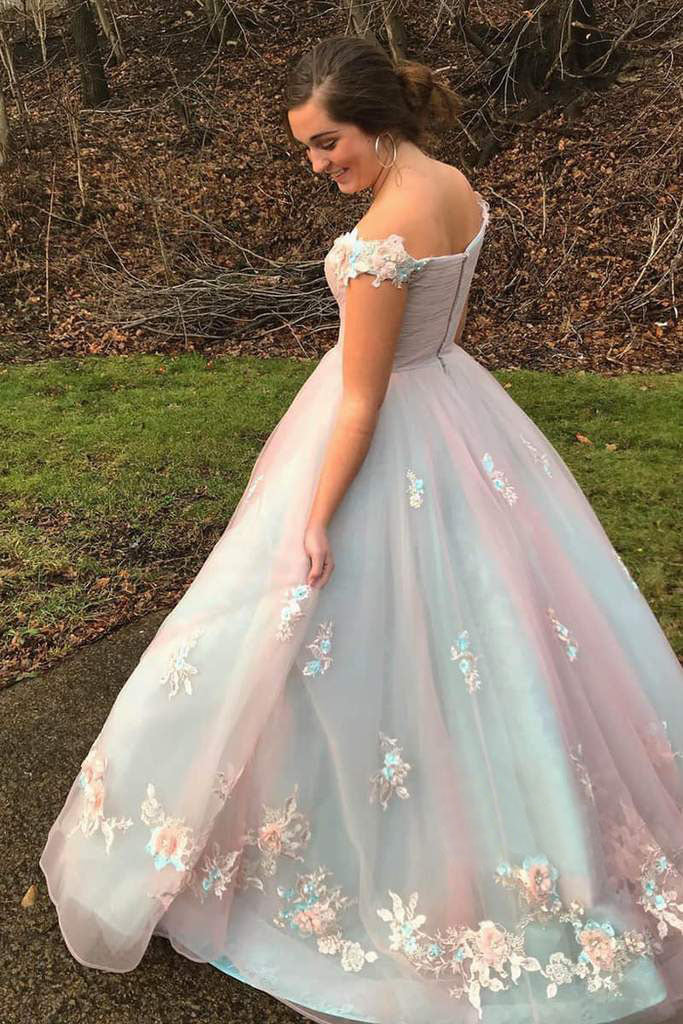 Chic Off the Shoulder Floral Appliques Long Prom Dresses Formal Evening Dresses DMP040