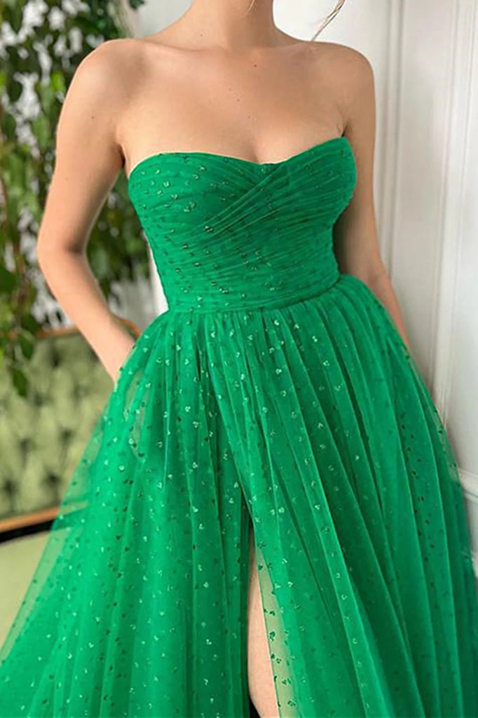 Strapless Green Long A Line Tulle Prom Dresses, Formal Evening Dresses DM1993