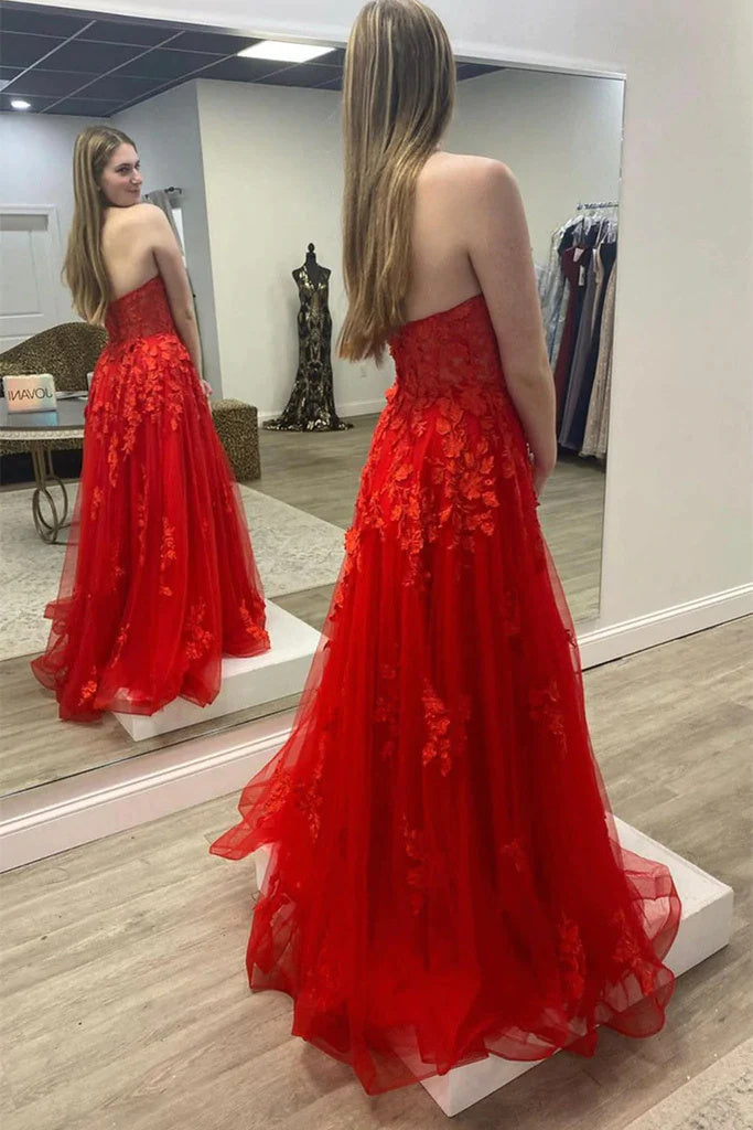Chic Strapless Red A Line Tulle Long Prom Dress with Lace Appliques DM1968