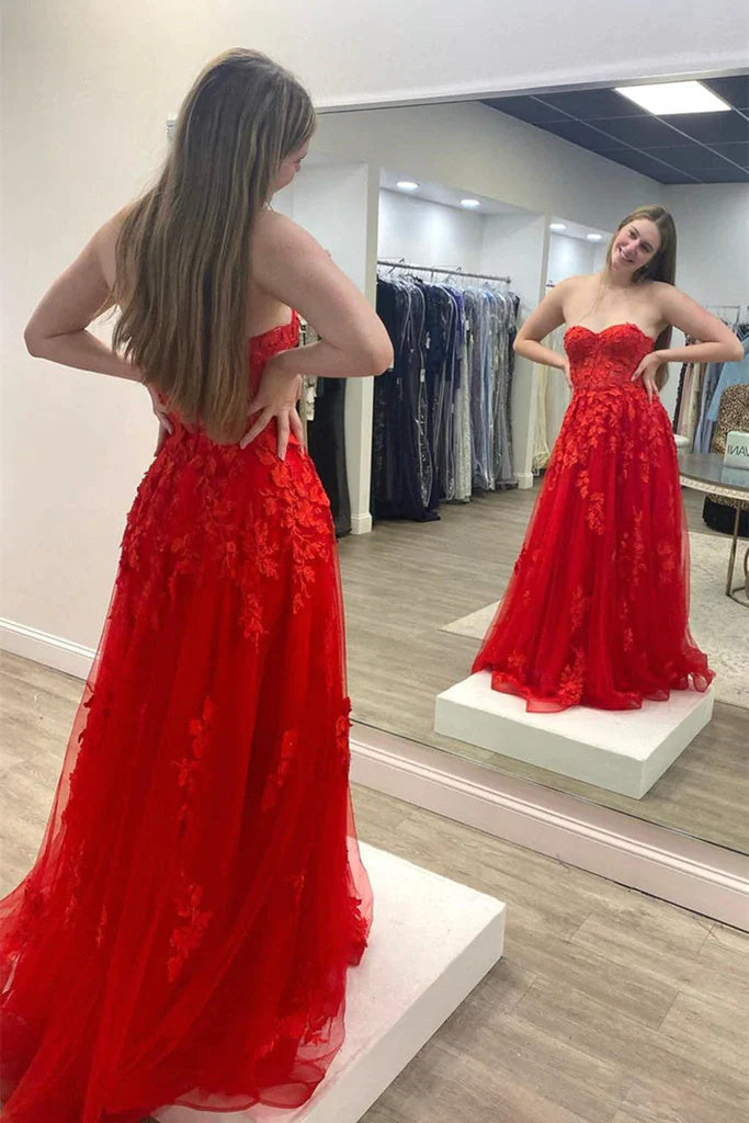 Chic Strapless Red A Line Tulle Long Prom Dress with Lace Appliques DM1968