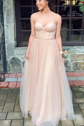 Strapless Sweetheart Neck Champagne Tulle Long Prom Dresses, Formal Graduation Evening Dresses DMP321