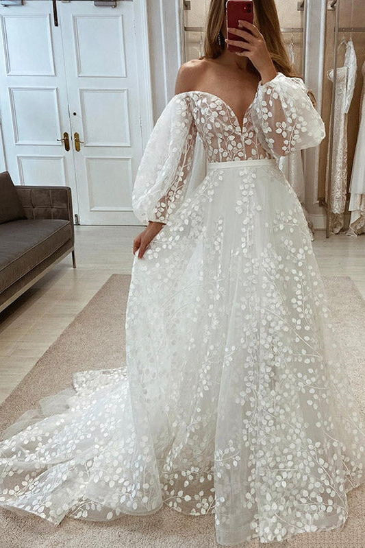 Off the Shoulder A-line Puffy Long Sleeves Lace Beach Wedding Dresses DM1929