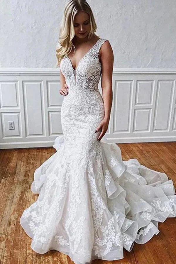 Unique Mermaid Tulle Lace Wedding Dresses With Ruffles, Bridal Gown DM1809
