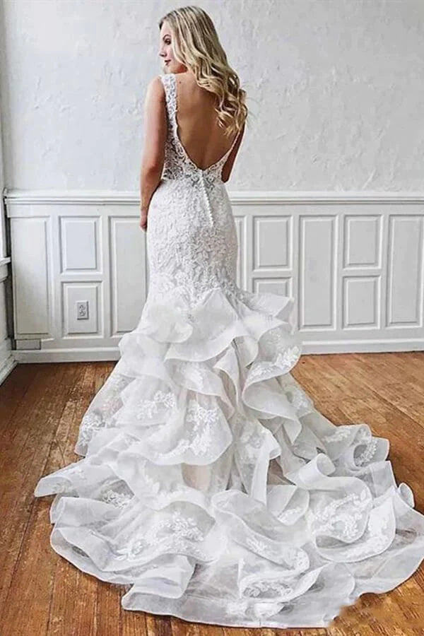 Unique Mermaid Tulle Lace Wedding Dresses With Ruffles, Bridal Gown DM1809