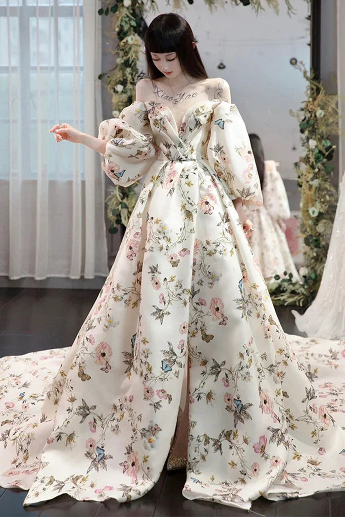Stylish Long Sleeves Printed Long Prom Dress with High Slit, Long Formal Evening Dress DM1995
