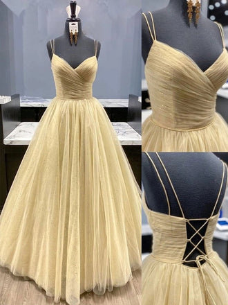 Stylish Pleated Tulle Long A Line Prom Dresses, Shiny Formal Graduation Evening Dresses DM1058