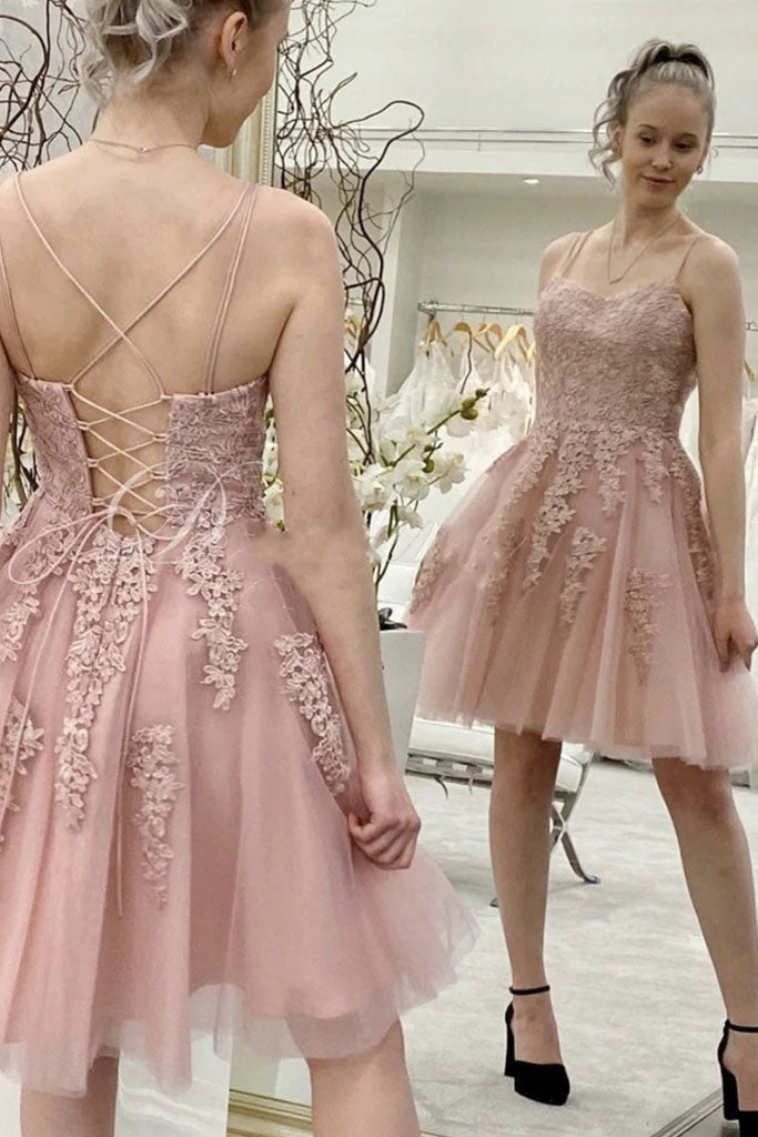 Sweetheart Neck Pink Lace Appliques Short Prom Dress,  Homecoming Dresses DMHD20