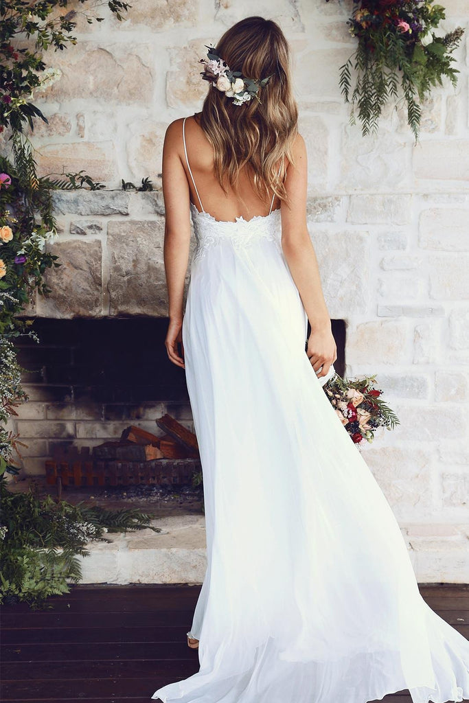 Beautiful A Line Lace Long White Spaghetti Straps Beach/Coast Wedding Dress DM270