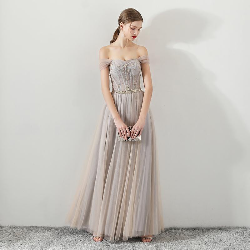 A Line Tulle Long Straps Lace Up Back Beaded Prom Dresses,Evening Dress DMG73