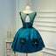A Line Flower Appliques Round Neck Homecoming Dresses, Blue Short Prom Dress DMN71