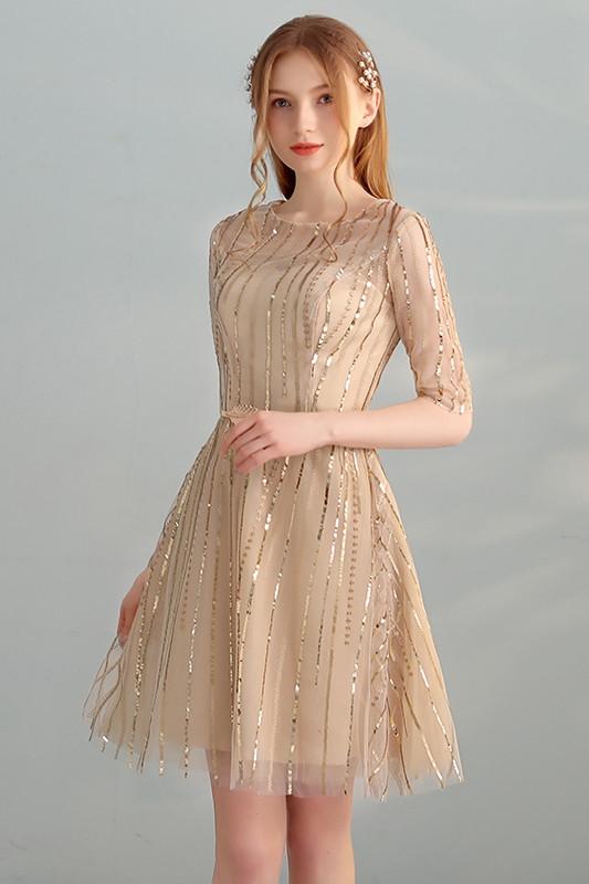 Gold Sequins A Line Short Tulle Half Sleeves Homecoming Dresses DMC98
