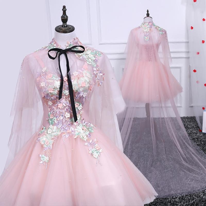Pink A Line Tulle Spaghetti Straps Homecoming Dresses With Appliques DMN54
