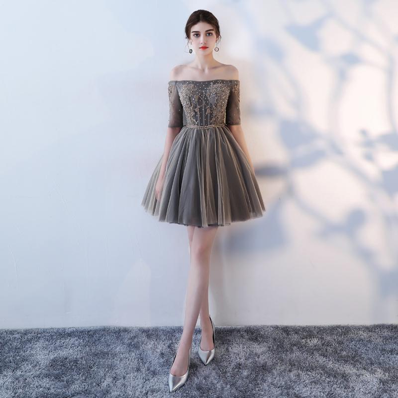 A Line Half Sleeves Off the Shoulder Homecoming Dresses, Short Appliques Prom Dress DMN62