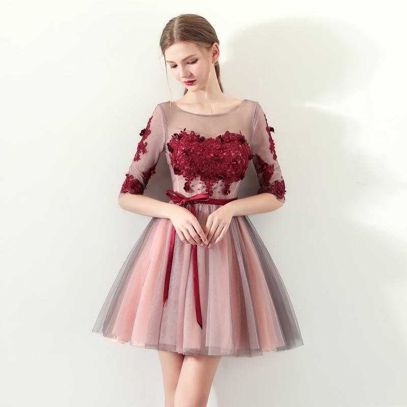 A Line Red Flowers Half Sleeves Homecoming Dresses, Short Appliques Prom Dress DMN61