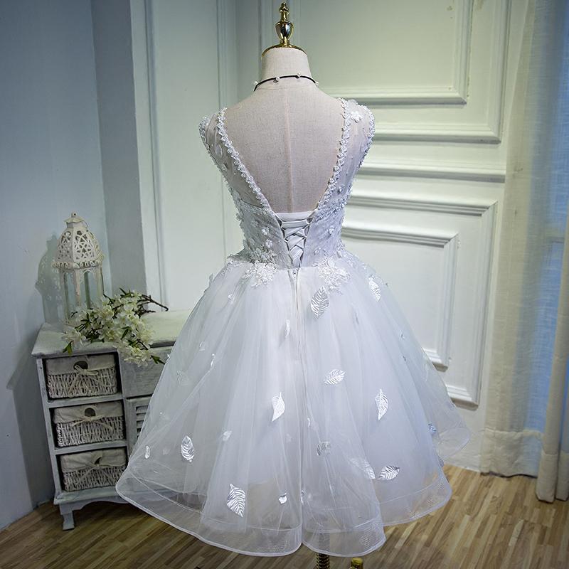 A Line Lace Appliques Homecoming Dresses, Short Sleeveless Prom Dress DMN67