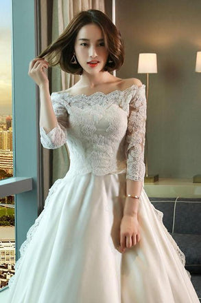 Modest 3/4 Sleeve Off the Shoulder A Line Lace Wedding Dress DM642