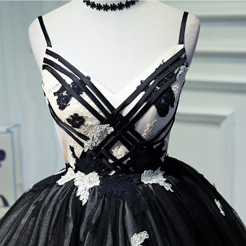 A Line Spaghetti Straps Tulle Black Short Homecoming Dress With Appliques DMN46