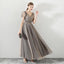 A Line Tulle Long Appliques Beaded Prom Dresses, Grey Formal Evening Dress DMG72