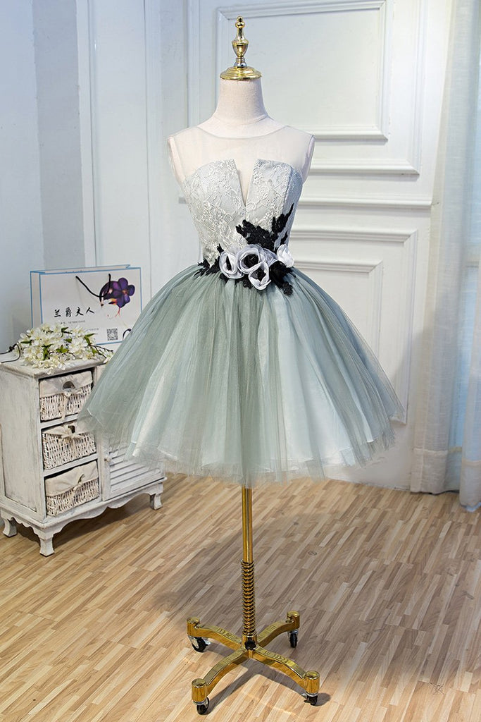A Line Tulle Flowers Short Homecoming Dresses, Cheap Party Dress DMN51