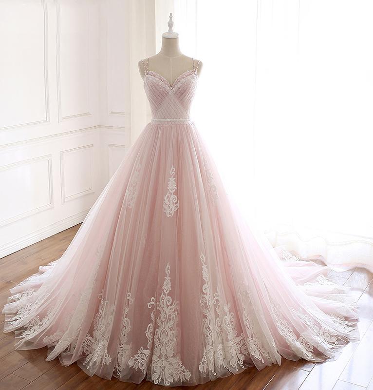 Pink Tulle Prom Dress with Lace Appliques, A Line Formal Evening Party Dresses DMJ50