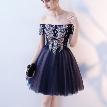 A Line Purple Appliques Homecoming Dresses, Short Off the Shoulder Prom Dress DMN65