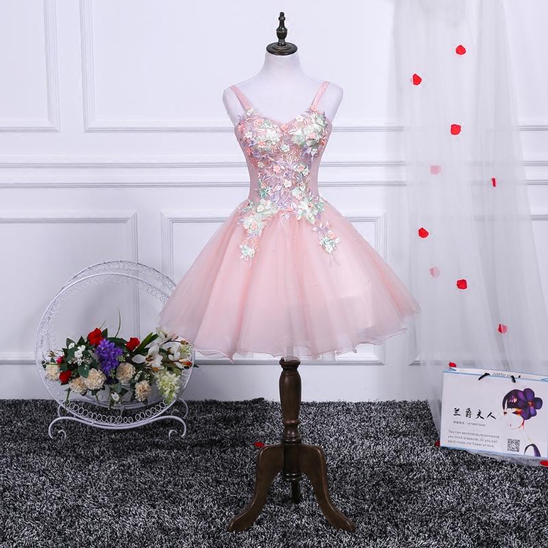 Pink A Line Tulle Spaghetti Straps Homecoming Dresses With Appliques DMN54