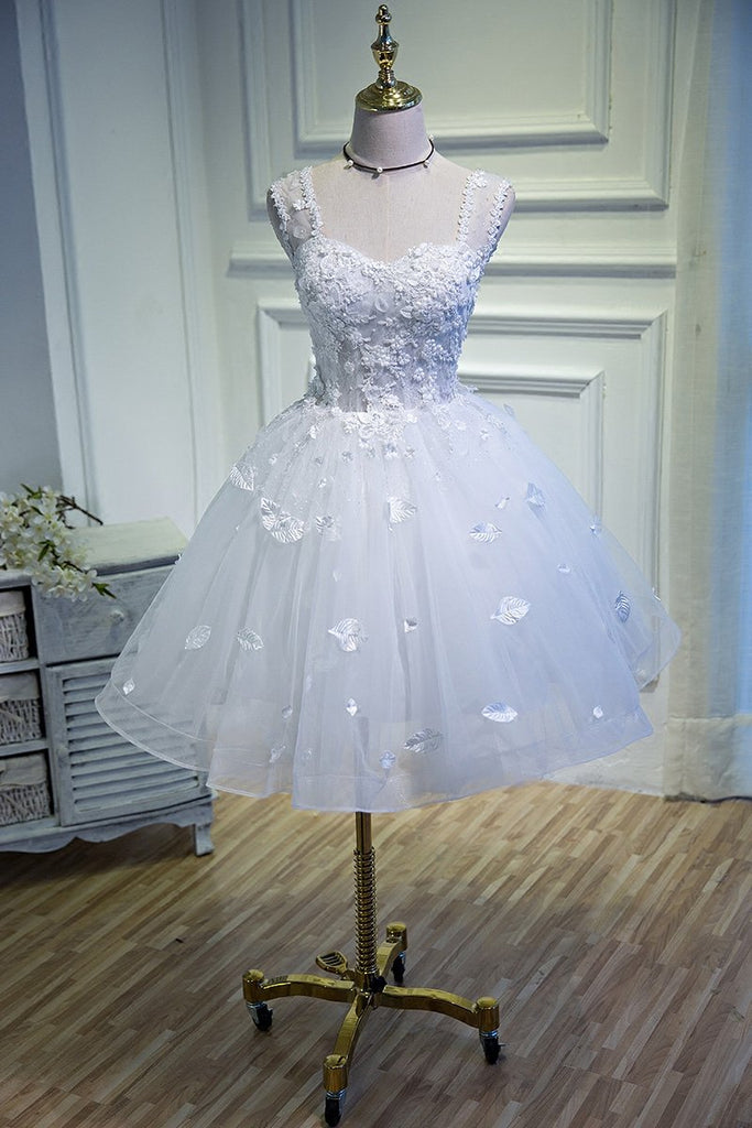A Line Lace Appliques Homecoming Dresses, Short Sleeveless Prom Dress DMN67