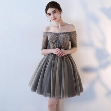 A Line Half Sleeves Off the Shoulder Homecoming Dresses, Short Appliques Prom Dress DMN62
