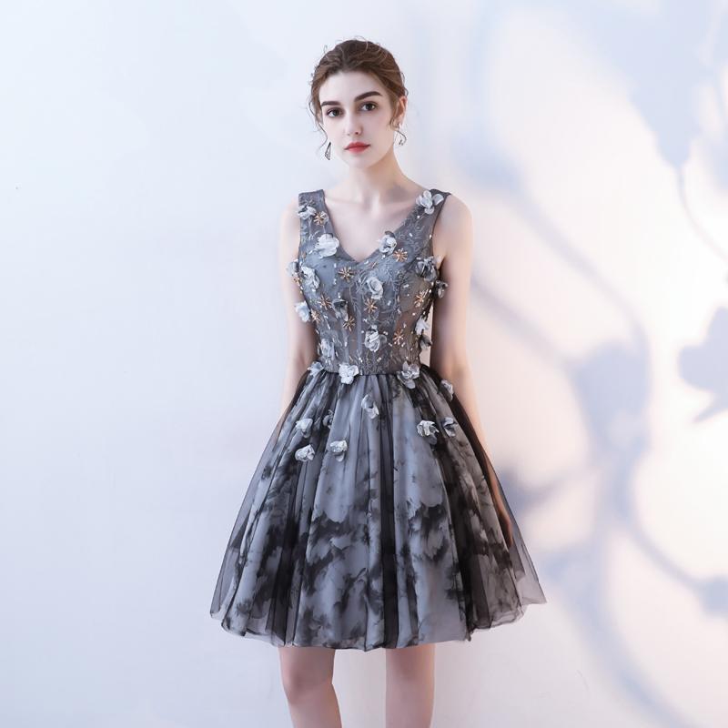 V Neck A Line Flowers Homecoming Dresses, Short Grey Prom Dress DMN60