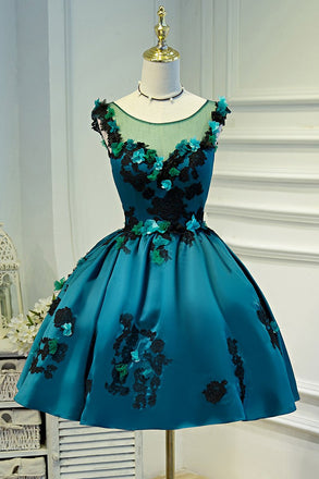A Line Flower Appliques Round Neck Homecoming Dresses, Blue Short Prom Dress DMN71