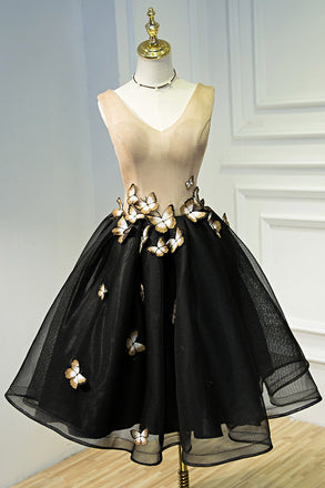 A Line Black V Neck Homecoming Dresses, Sleeveless Prom Dress With Butterfly DMN68