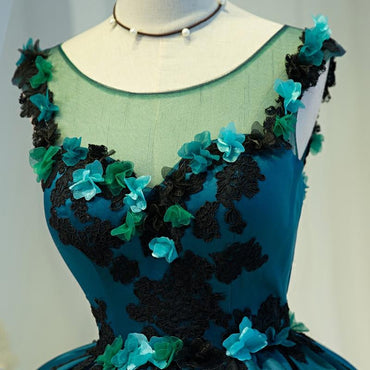 A Line Flower Appliques Round Neck Homecoming Dresses, Blue Short Prom Dress DMN71