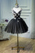 A Line Spaghetti Straps Tulle Black Short Homecoming Dress With Appliques DMN46