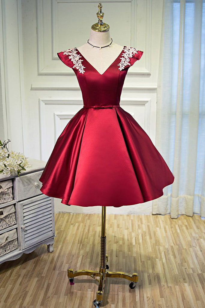 V Neck A Line Satin Appliques Short Homecoming Dresses DMN47