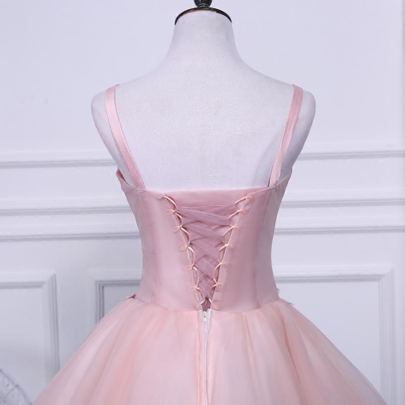 Pink A Line Tulle Spaghetti Straps Homecoming Dresses With Appliques DMN54
