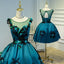 A Line Flower Appliques Round Neck Homecoming Dresses, Blue Short Prom Dress DMN71