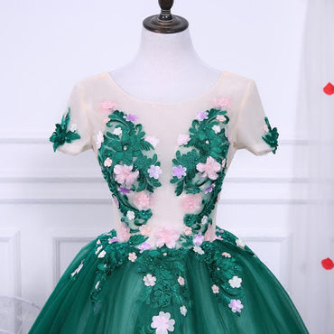 Green A Line Short Sleeves Tulle Floral Appliques Short Homecoming Dresses DMN50