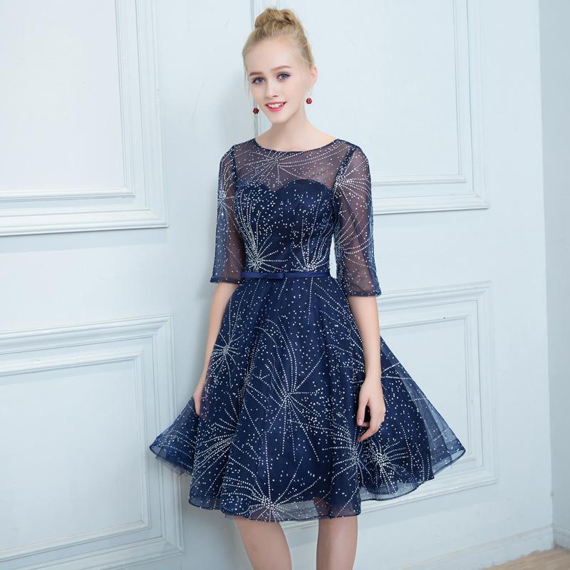 A Line Dark Blue Homecoming Dresses, Short Half Sleeves Prom Dress DMN64