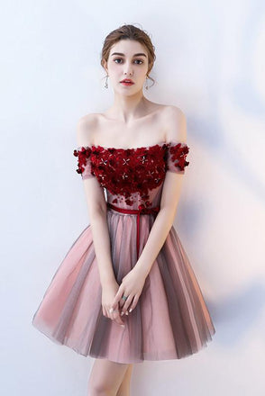 A Line Strapless Red Flowers Short Tulle Homecoming Dresses DMC66