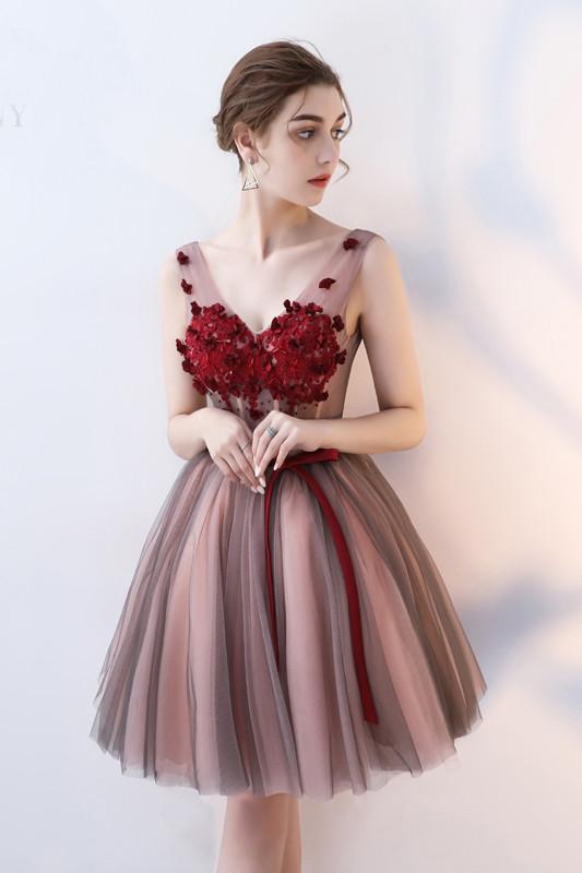 Charming A Line V Neck Red Flowers Short Tulle Homecoming Dresses DMC65