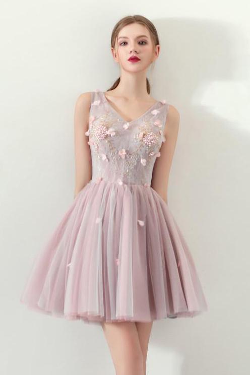 A Line V Neck Flowers Short Homecoming Dresses,Graduation Dress DMC62