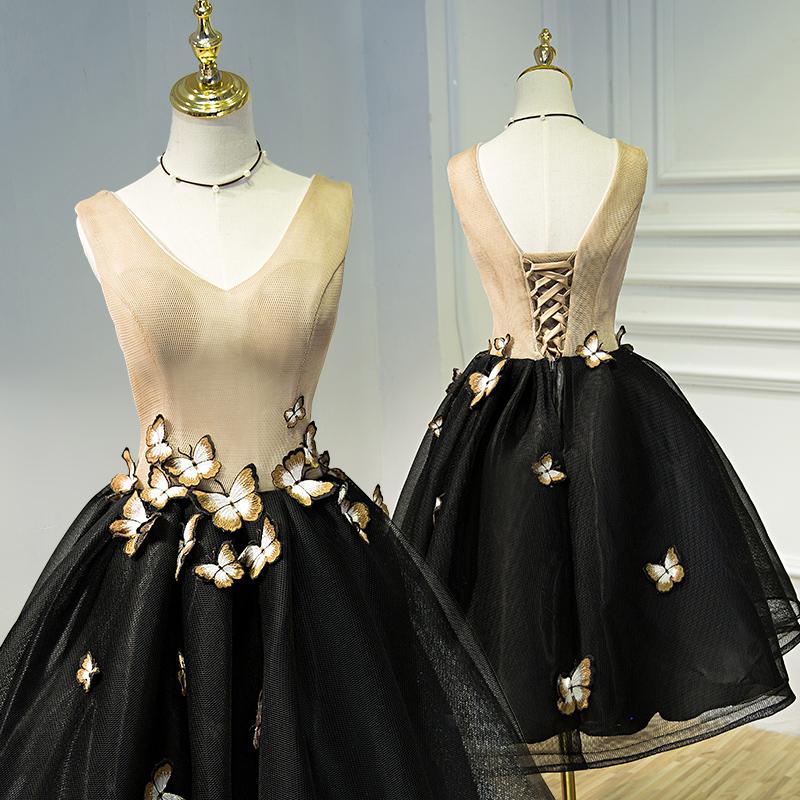 A Line Black V Neck Homecoming Dresses, Sleeveless Prom Dress With Butterfly DMN68