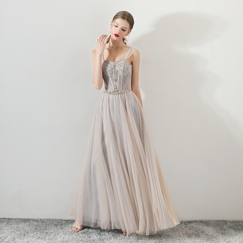 A Line Tulle Long Straps Lace Up Back Beaded Prom Dresses,Evening Dress DMG73