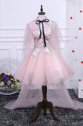 Pink A Line Tulle Spaghetti Straps Homecoming Dresses With Appliques DMN54