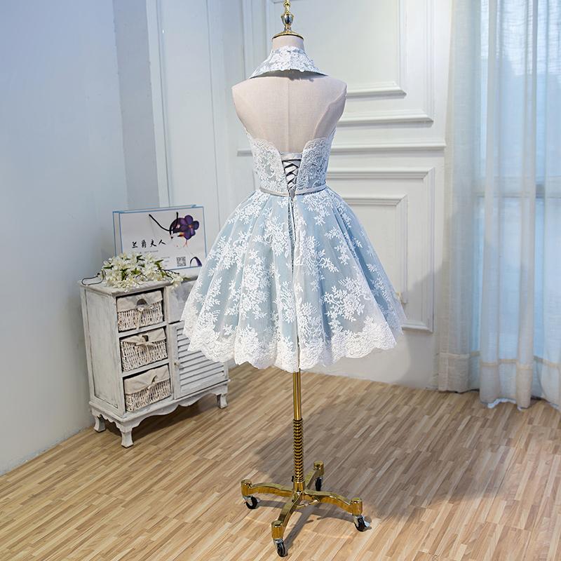 A Line Lace Appliques Halter Homecoming Dresses, Short Party Dress DMN56