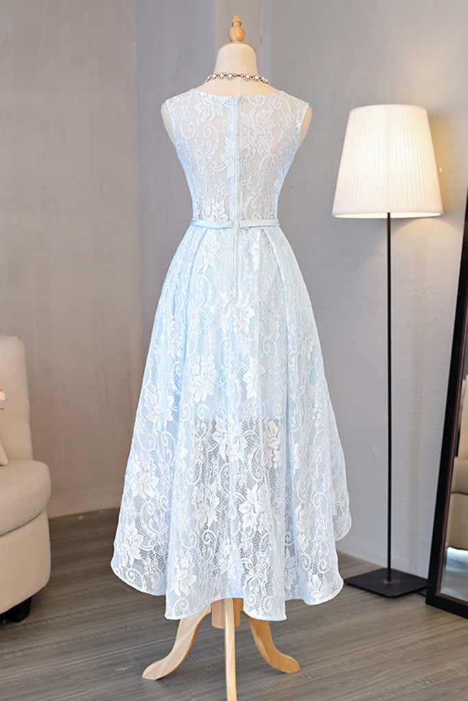 Light Blue Lace Round Neck High Low Halter Bow Prom/Homecoming Dresses,Sweet 16 Dress DM248